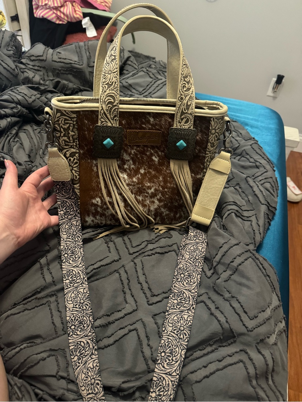 Wrangler Brown and Cream Cowhide Satchel with Turquoise Accents